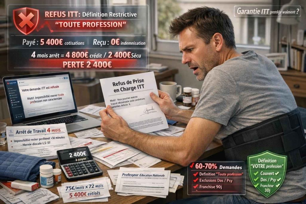 Travailleur français choqué tenant lettre refus ITT assurance emprunteur malgré 5400 euros cotisés arrêt maladie 4 mois hernie discale définition restrictive toute profession calculatrice perte 2400 euros crédit immobilier