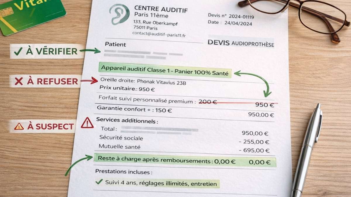 Devis d'appareil auditif français annoté avec flèches vertes indiquant les éléments valides et flèches rouges signalant les lignes suspectes à refuser