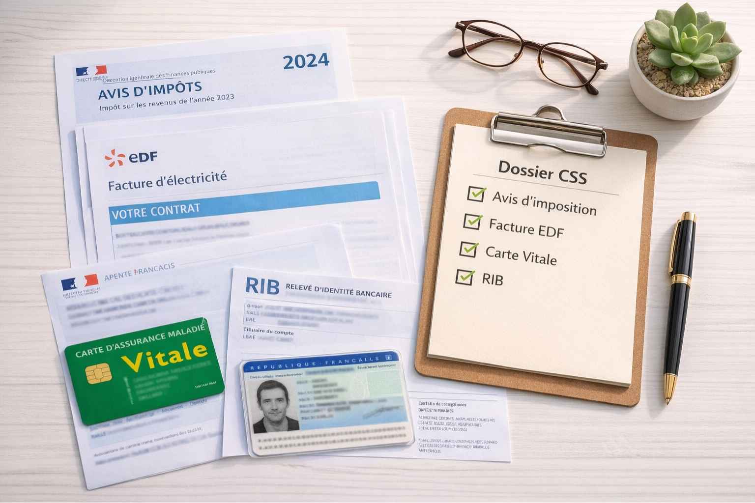 Vue d'ensemble des documents obligatoires pour une demande CSS - avis d'imposition, justificatif de domicile, carte vitale et RIB