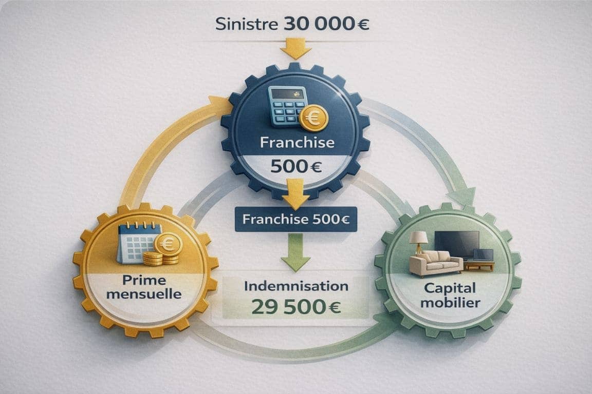 Schéma explicatif de la relation entre franchise, prime d'assurance et capital mobilier avec exemple de calcul d'indemnisation
