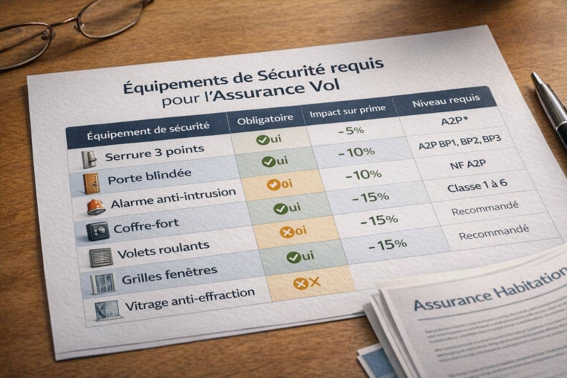 Tableau comparatif des équipements de sécurité obligatoires et recommandés pour la garantie vol avec impact sur les primes