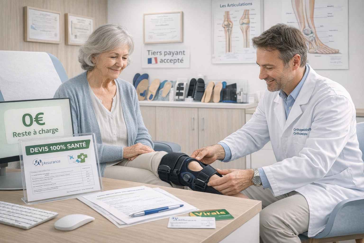 Senior chez orthopédiste français recevant genouillère avec devis 100% santé zéro reste à charge