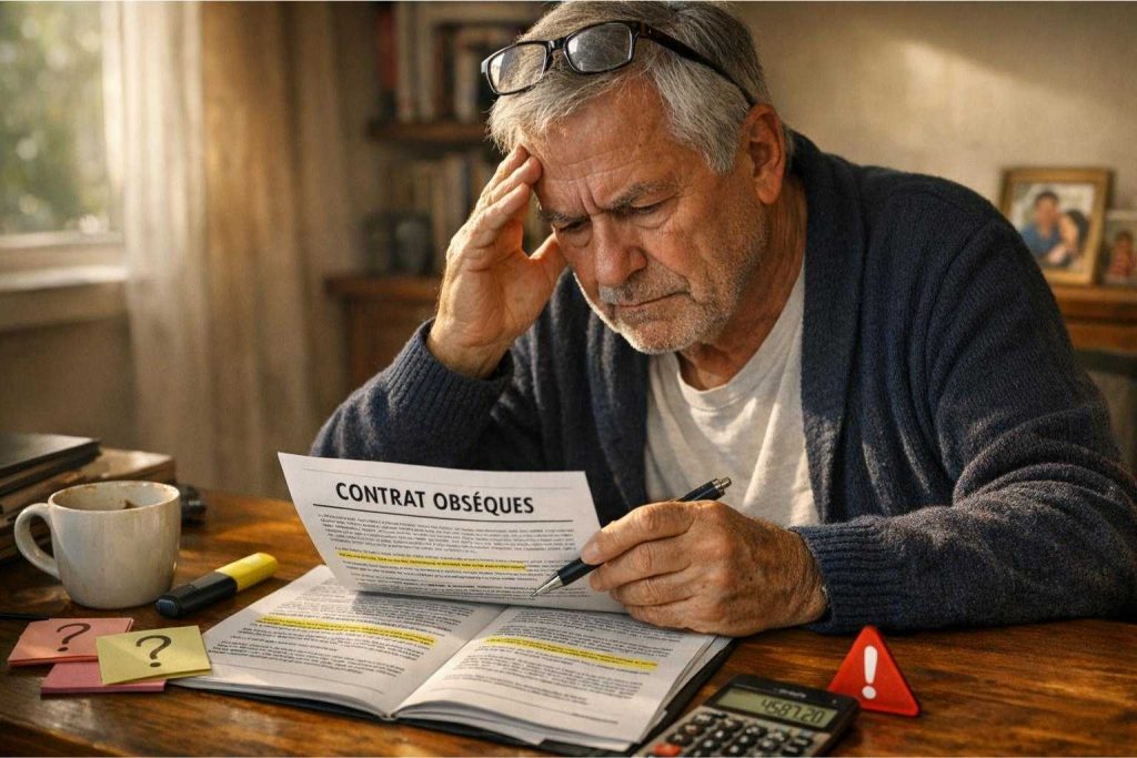 Senior homme examinant attentivement un contrat d'assurance obsèques avec expression préoccupée, documents sur bureau avec surligneurs et calculatrice, lumière naturelle de bureau à domicile