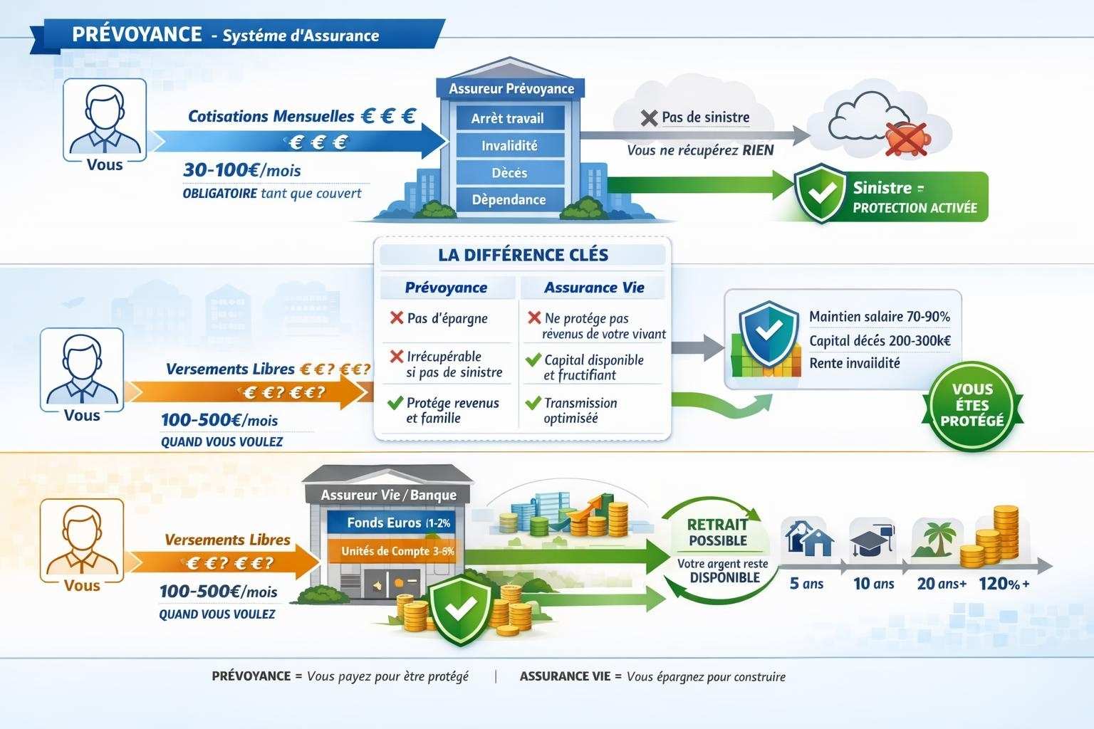 Schéma à double flux comparant système prévoyance (cotisations → protection si sinistre) et assurance vie (versements → épargne disponible + transmission)