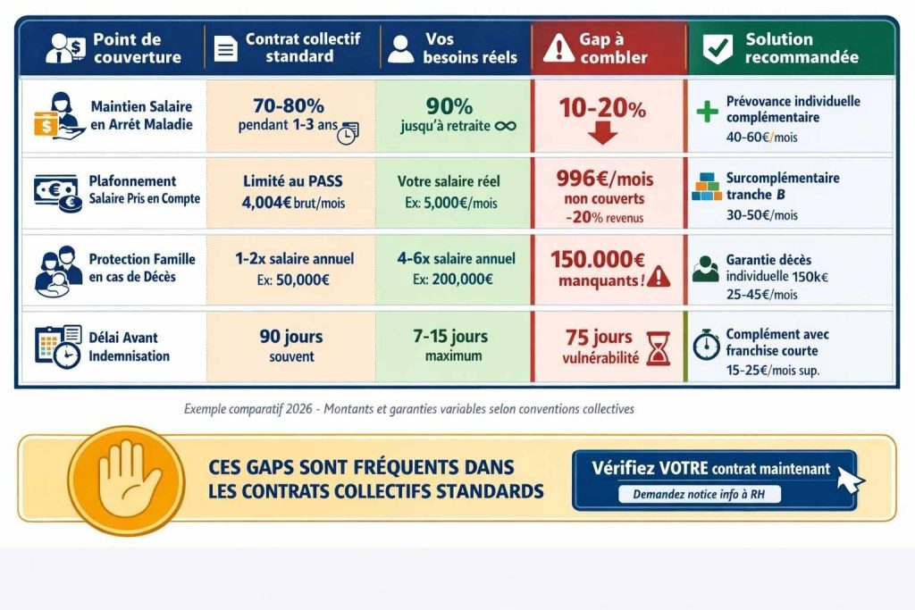 Tableau comparatif montrant 4 gaps entre prévoyance collective standard et besoins réels : maintien salaire 70-80% vs 90%, plafond PASS 4004€ vs salaire réel, capital décès 50k€ vs 200k€, délai 90 jours vs 15 jours