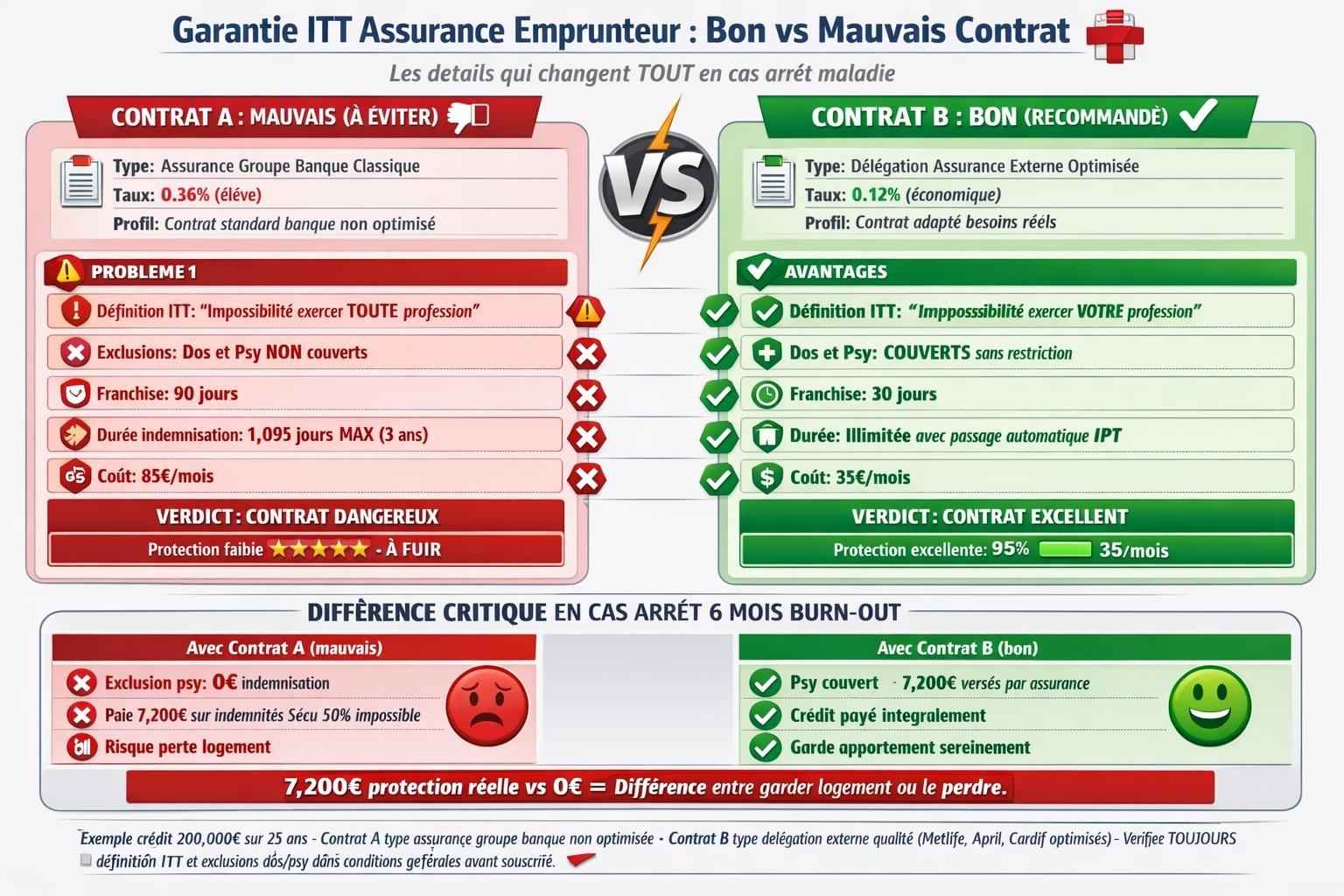 Comparaison 2 contrats ITT assurance emprunteur : contrat A mauvais définition restrictive toute profession exclusion dos psy franchise 90 jours 85 euros mois versus contrat B bon définition large votre profession dos psy couverts franchise 30 jours 35 euros mois meilleure protection moins cher