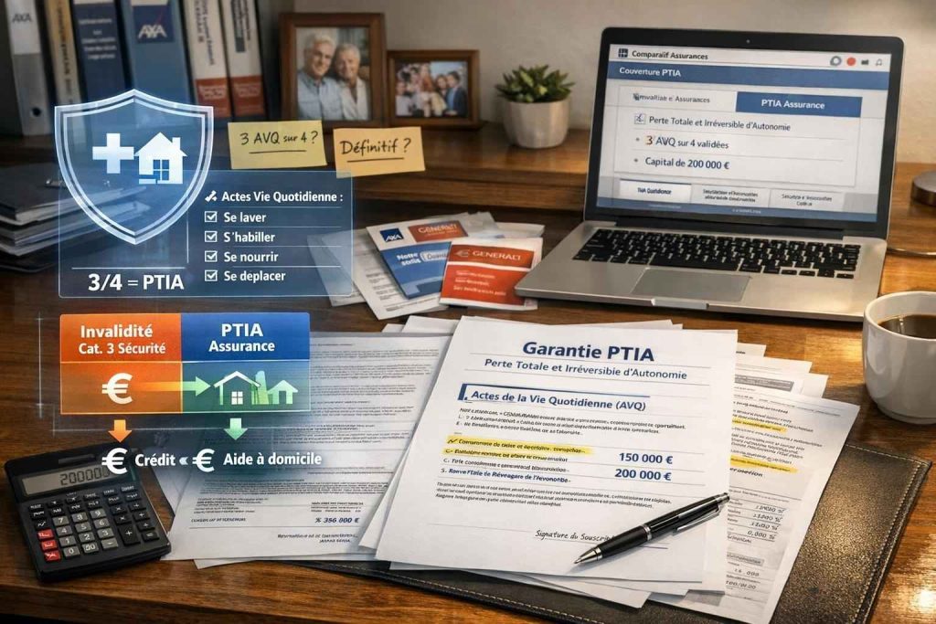 Documents garantie PTIA assurance sur bureau avec interface numérique montrant 4 actes vie quotidienne et double protection remboursement crédit plus capital assistance