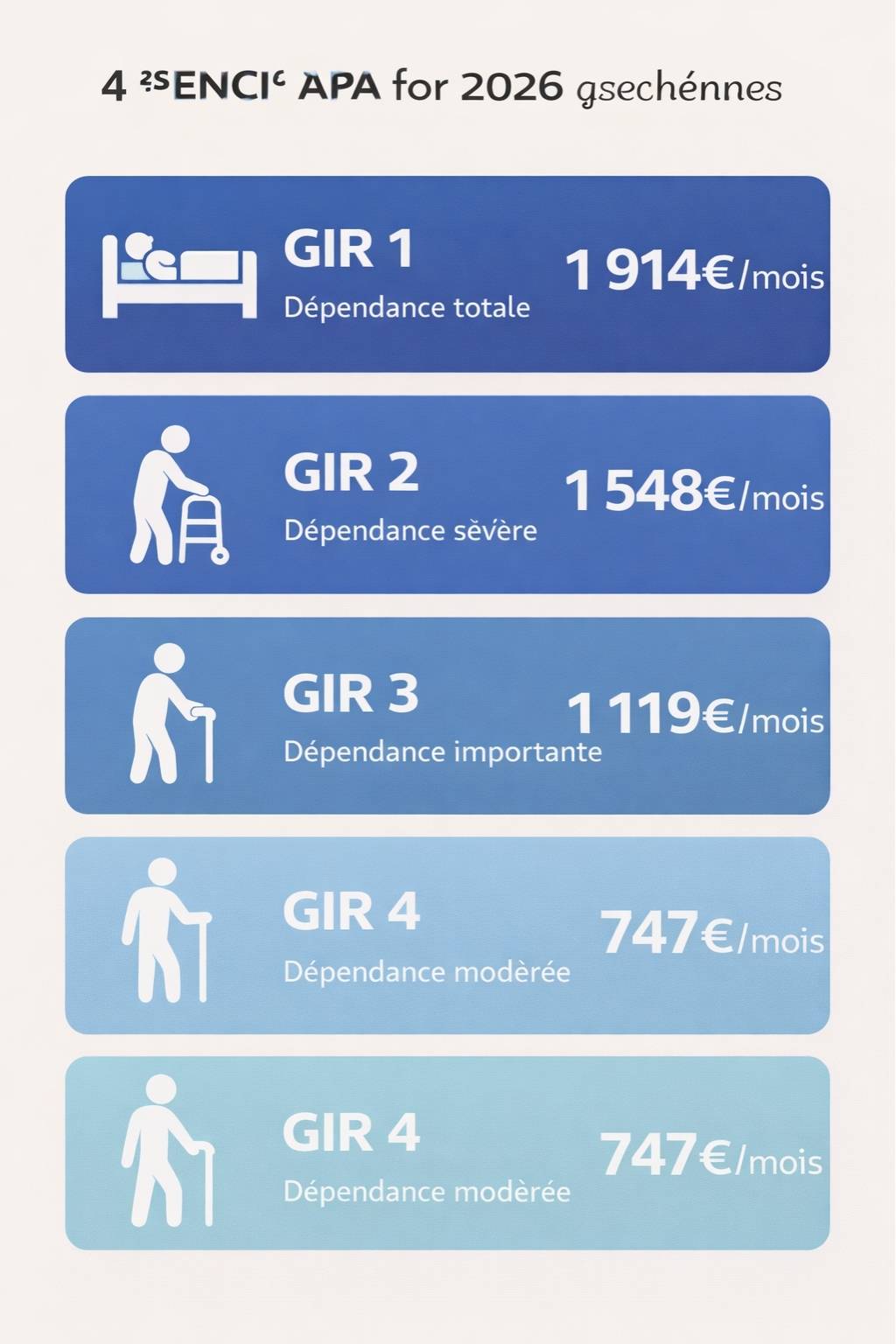  Infographie des 4 niveaux GIR de dépendance avec montants APA mensuels correspondants de 747€ à 1914€