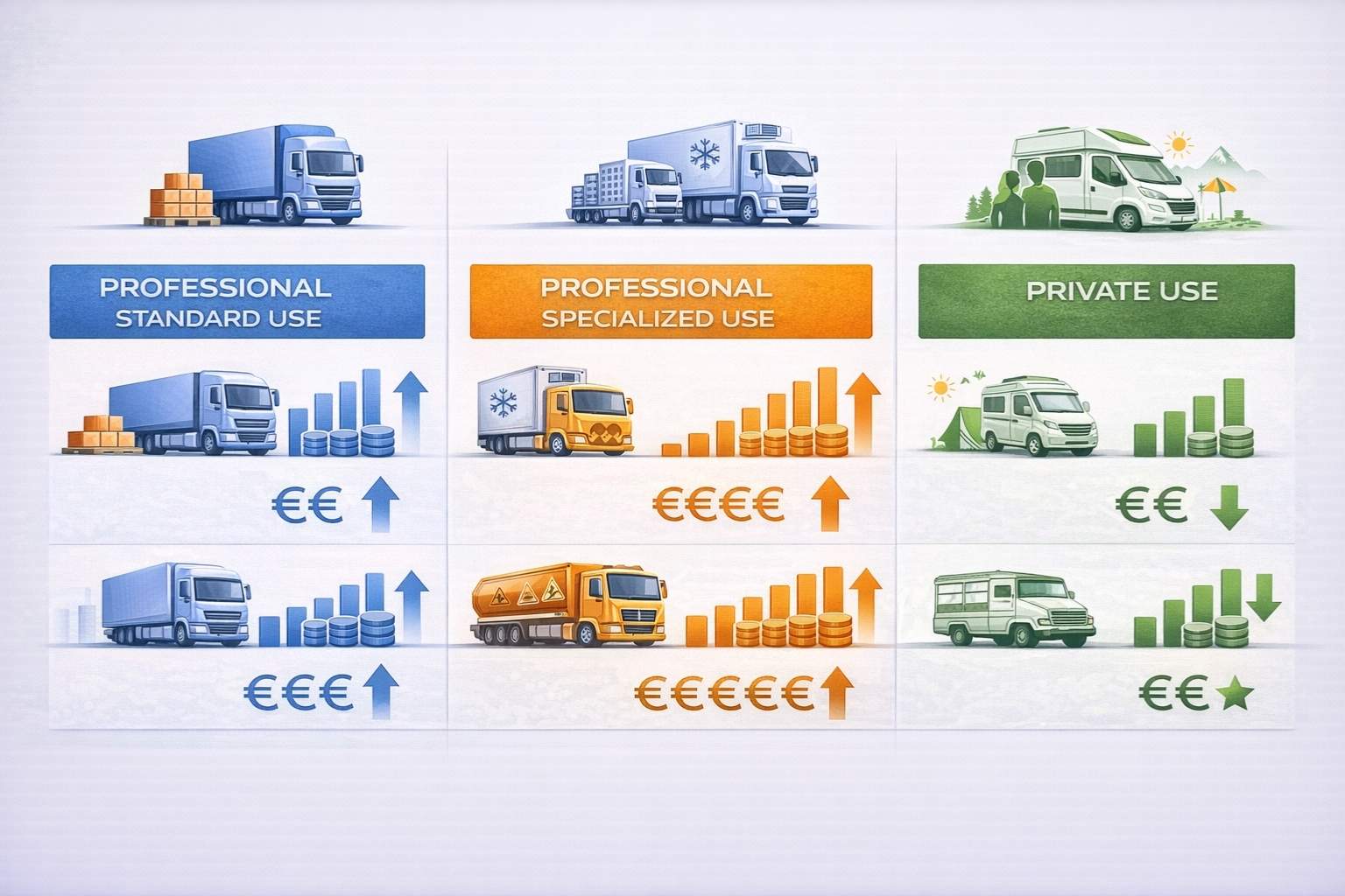 Tableau comparatif détaillé des prix d'assurance poids lourds 2026 avec trois colonnes principales (usage pro standard, pro spécialisé, privé) et icônes de différents types de camions avec indicateurs de fourchettes de prix.