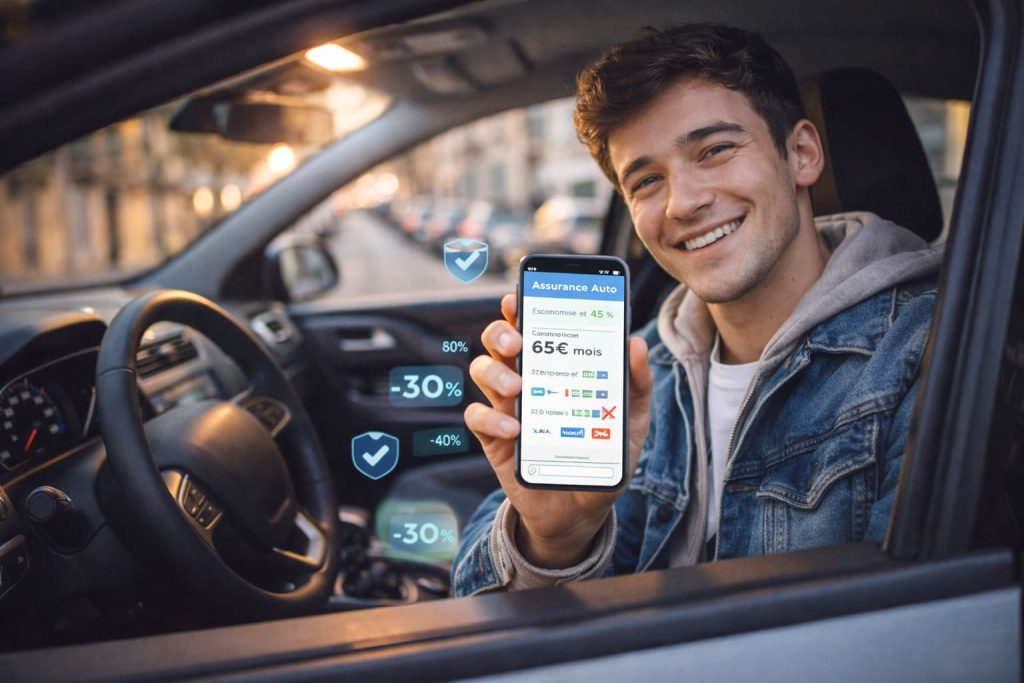 Jeune conducteur français souriant dans sa voiture en consultant une application mobile d'assurance auto affichant des économies importantes
