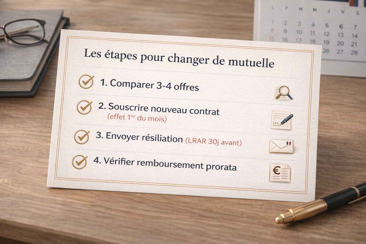 Checklist visuelle en 4 étapes pour changer de mutuelle santé en France sans erreur avec icons et instructions claires
