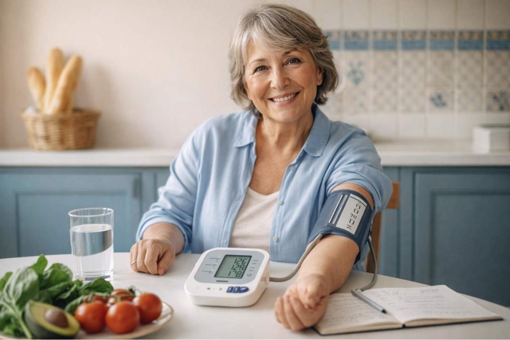 Senior française souriante mesurant sa tension artérielle à domicile avec un tensiomètre électronique dans une cuisine lumineuse