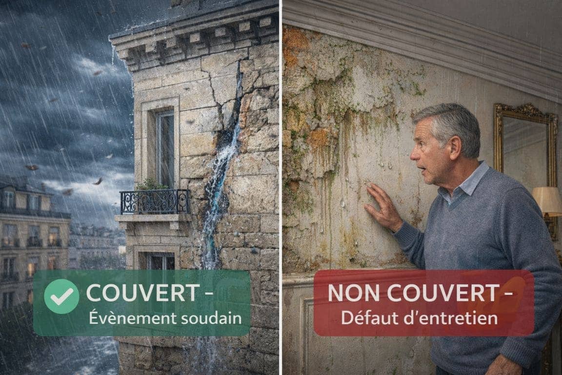 Comparaison visuelle entre infiltration soudaine couverte par l'assurance et dégradation progressive non couverte