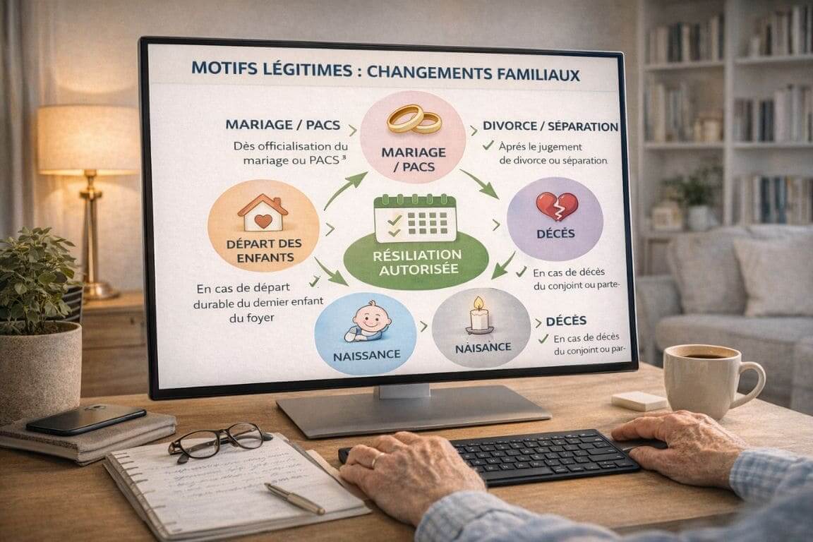 Écran d'ordinateur affichant une infographie circulaire des motifs légitimes familiaux pour résilier une assurance habitation : mariage, divorce, décès