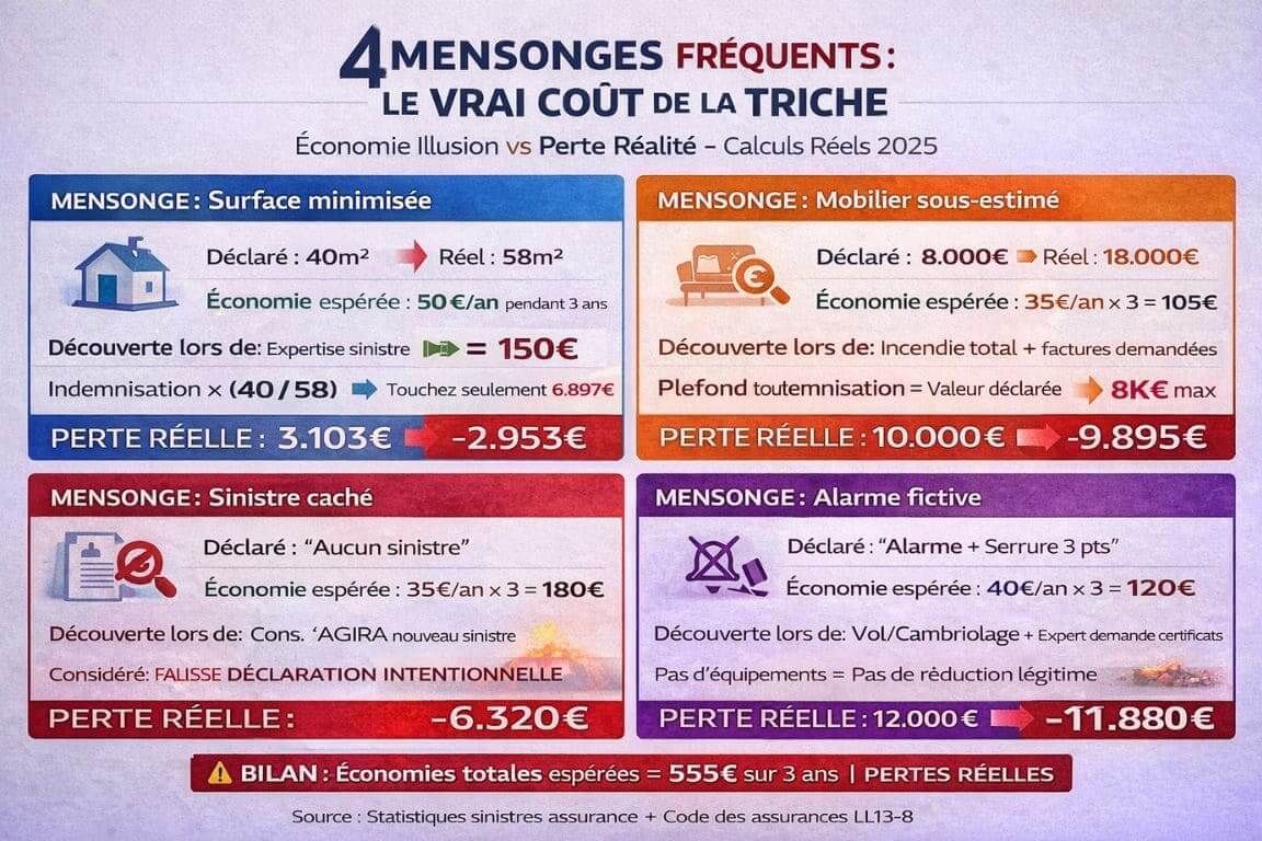 Infographie éducative montrant quatre mensonges courants sur devis assurance avec calcul économies versus pertes réelles découverte