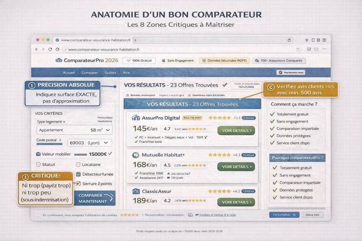Capture écran annotée interface comparateur assurance avec huit zones critiques expliquées par callouts pédagogiques