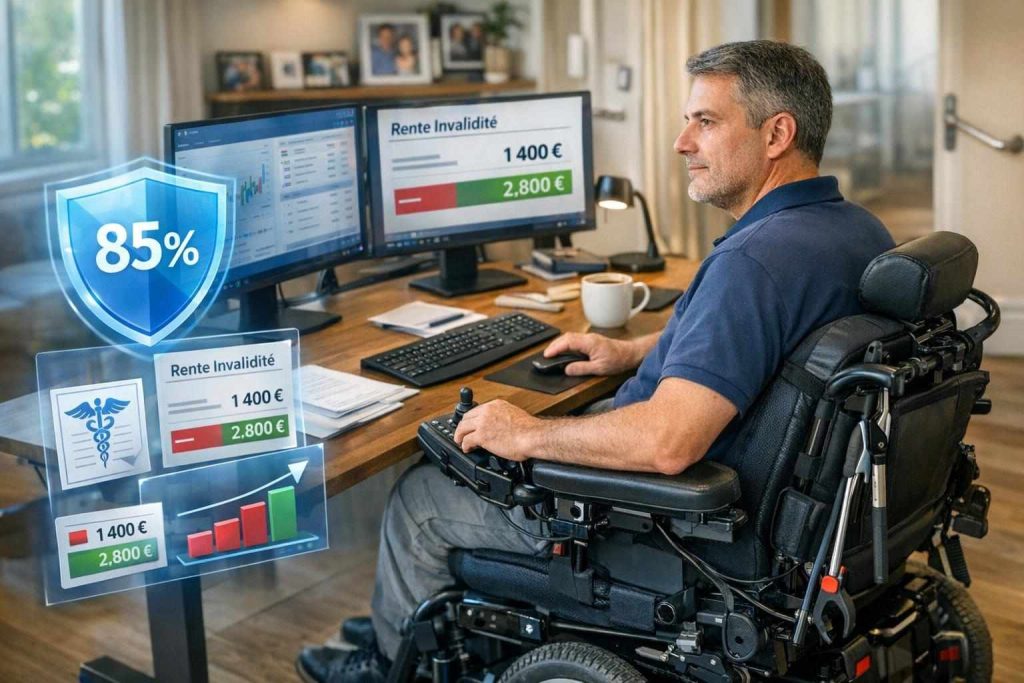 Personne en fauteuil roulant travaillant à domicile sur bureau adapté avec interface numérique montrant protection financière rente invalidité
