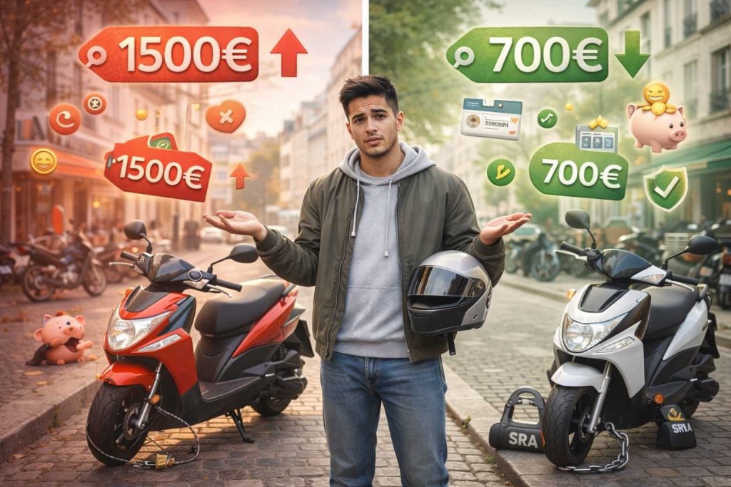Jeune motard français de 18-22 ans en streetwear debout dans une rue urbaine parisienne entre deux scénarios contrastés : côté gauche avec étiquette prix rouge 1500€ et symboles d'erreurs coûteuses, côté droit avec étiquette verte 700€ et indicateurs d'économies, illustrant les choix d'assurance moto intelligents versus erreurs pour jeunes conducteurs.