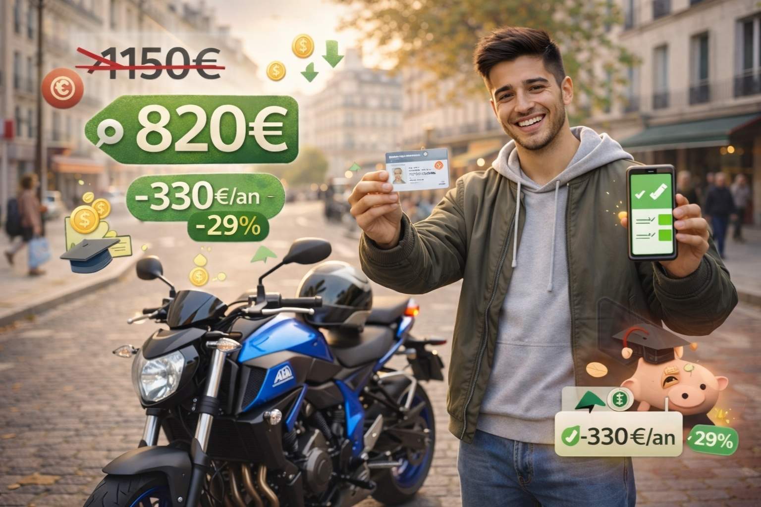 Jeune motard français de 20 ans souriant en tenue streetwear debout près de sa moto roadster bleue, tenant sa carte étudiante dans une main et son smartphone dans l'autre, avec overlay montrant économie de 330€ sur assurance moto grâce à réduction étudiante, dans rue urbaine parisienne.