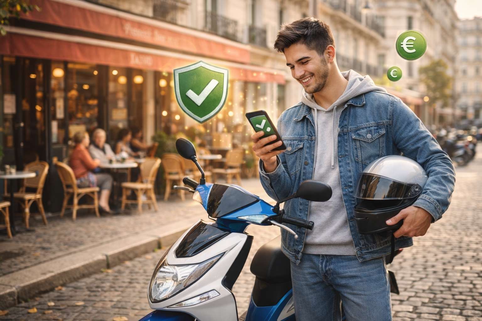 Jeune homme de 20 ans souriant regardant son smartphone avec satisfaction debout près de son scooter 50cc bleu devant un café parisien avec terrasse, symbolisant la souscription facile d'une assurance scooter pas chère en ligne.