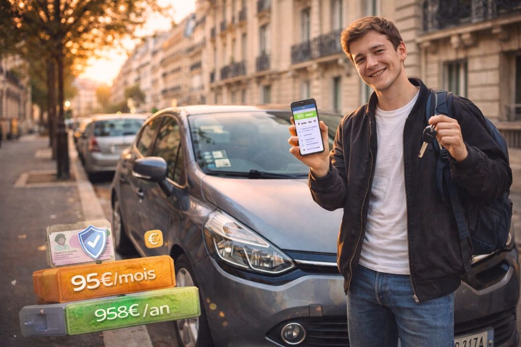 Jeune conducteur souriant à côté de sa voiture d'occasion avec smartphone affichant une application d'assurance auto dans une rue parisienne