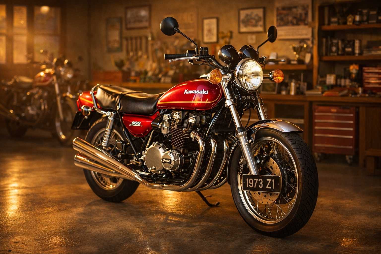 Kawasaki Z1 1973 ou Honda CB750 Four en restauration parfaite dans garage privé collectionneur avec éclairage chaleureux dramatique, peinture candy red miroir, chromes brillants polis, présentation type musée automobile, illustrant valeur patrimoniale nécessitant assurance collection avec valeur agréée.