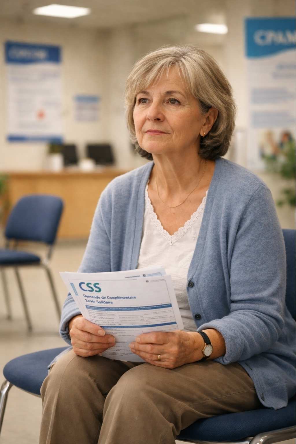 Senior française seule dans une salle d'attente CPAM, tenant des documents administratifs avec expression pensive