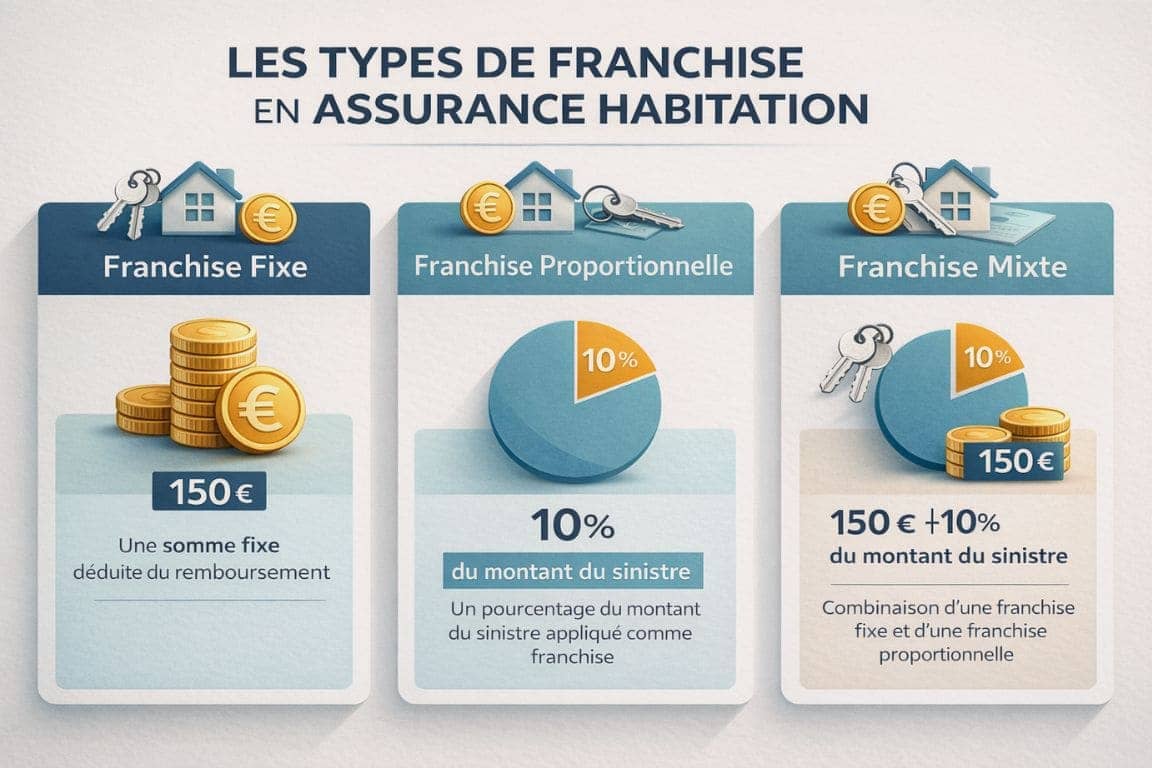  Infographie explicative des trois types de franchises en assurance habitation : fixe, proportionnelle et mixte