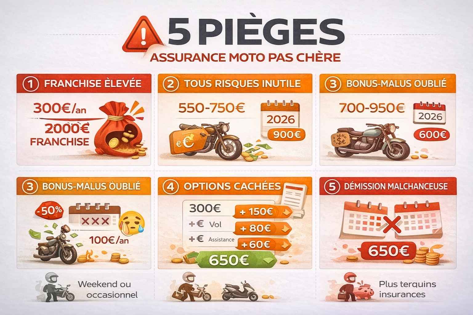 Infographie éducative professionnelle cinq sections horizontales montrant pièges assurance moto pas chère : un franchise excessive 1500-2000 euros icône tirelire cassée rouge, deux tous risques inutile vieille moto 1500 euros assurance 900 euros orange, trois bonus-malus oublié réduction 50 pourcent manquée jaune, quatre options cachées prix base 300 euros réalité 650 euros orange, cinq mauvais timing résiliation double paiement rouge, avec numéros badges et icônes avertissement.