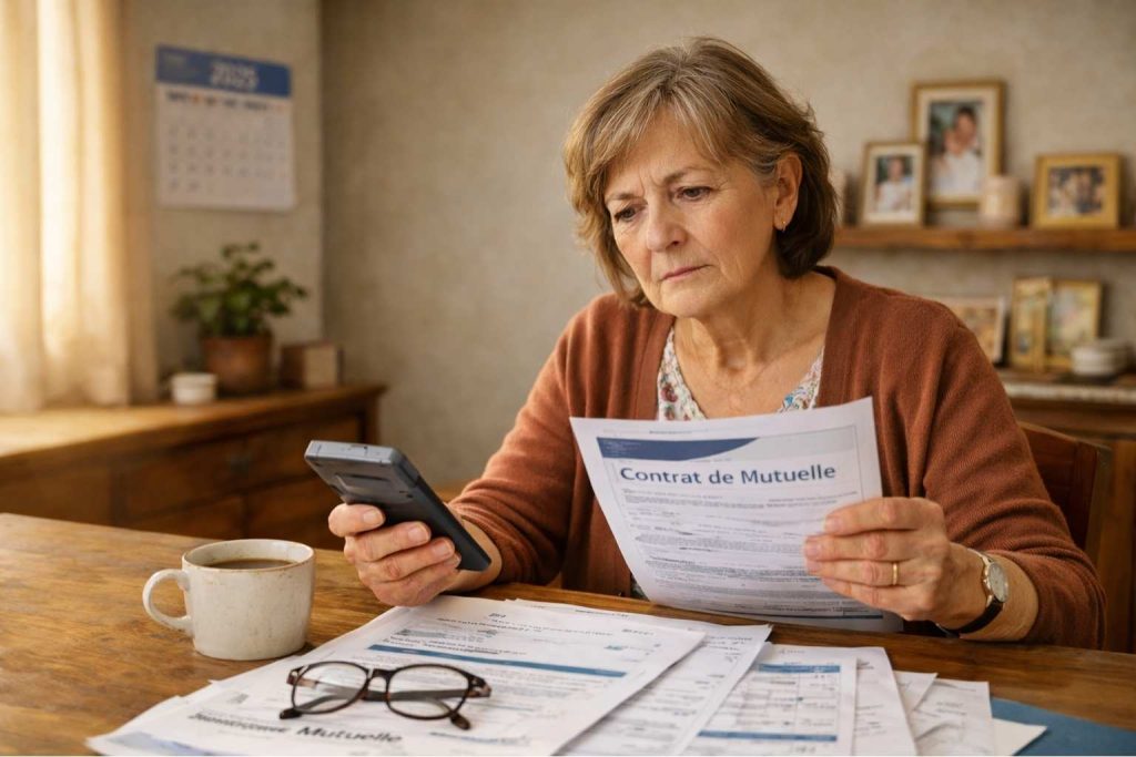 Senior française analysant avec inquiétude ses documents de mutuelle et factures médicales sur sa table