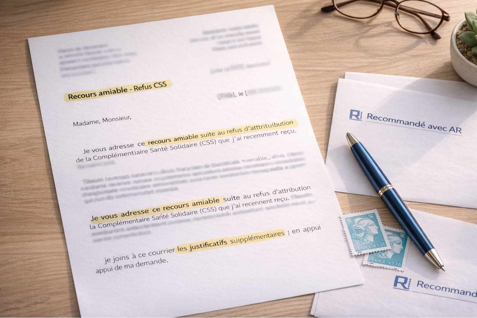 Modèle de lettre de recours amiable pour contester un refus CSS avec enveloppe recommandée