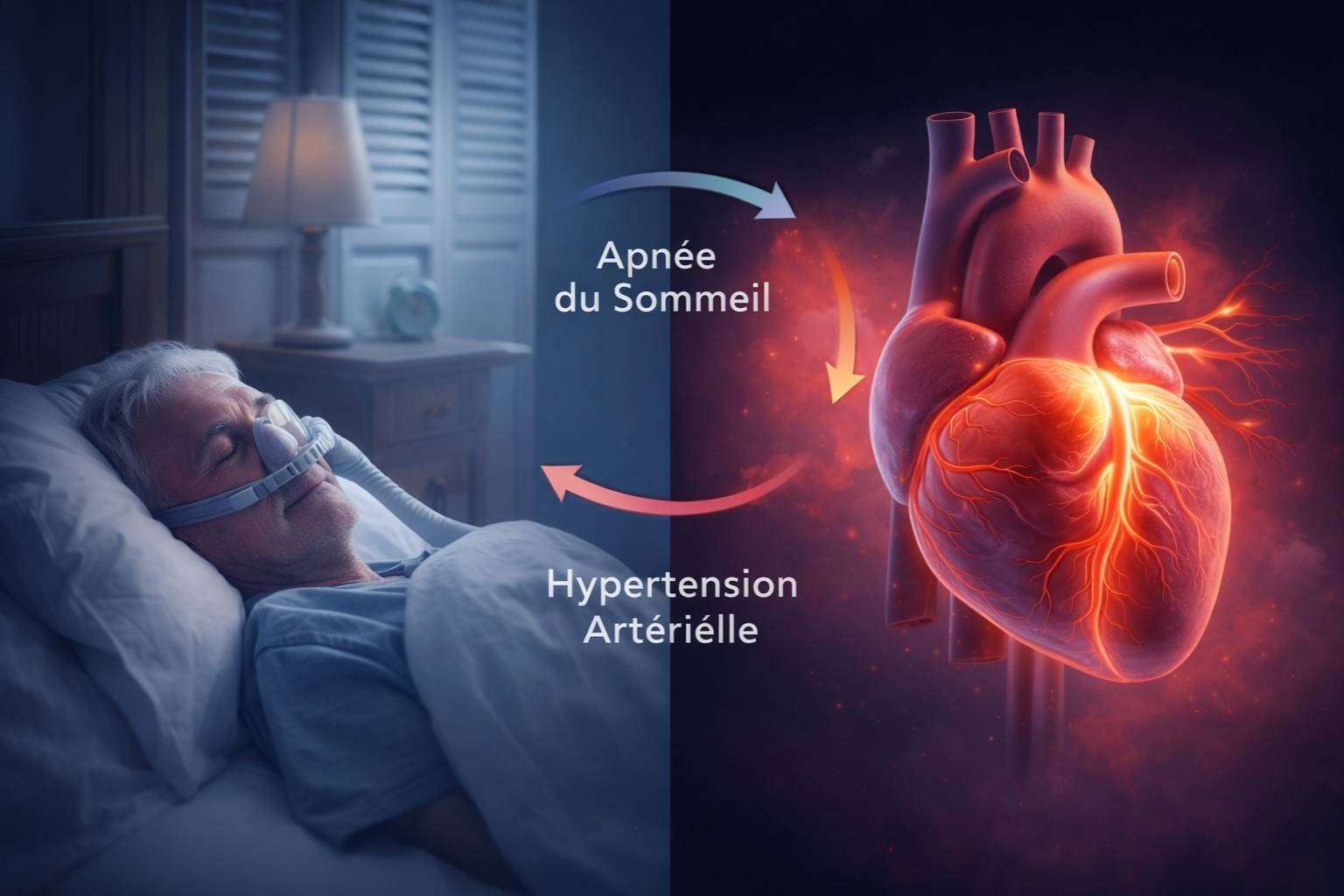 Illustration médicale montrant le lien entre l'apnée du sommeil et l'hypertension artérielle chez les seniors français