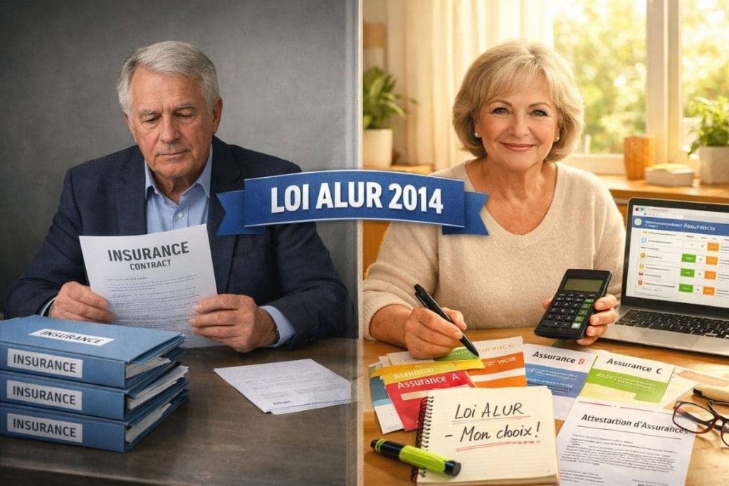 Image comparative montrant un propriétaire avec contrats d'assurance imposés à gauche et une locataire senior comparant librement plusieurs assurances à droite, avec bannière Loi Alur 2014 au centre