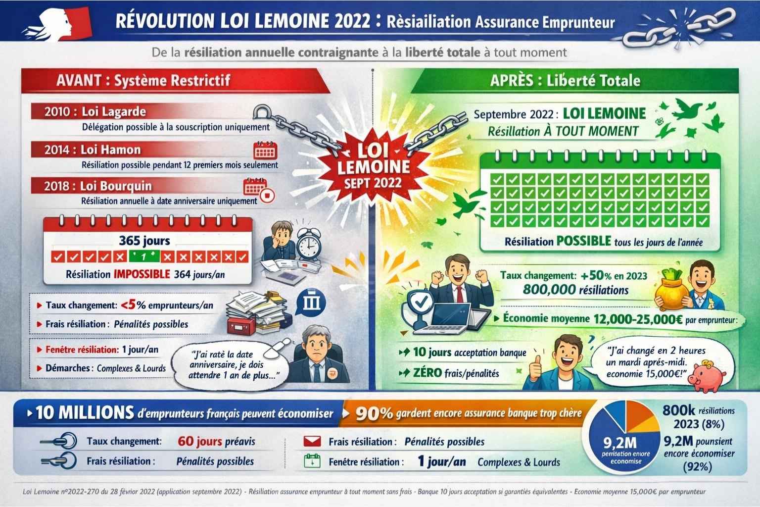 Timeline loi Lemoine assurance emprunteur avant résiliation 1 jour par an date anniversaire versus après septembre 2022 résiliation 365 jours tout moment sans frais économie 15000 euros moyenne