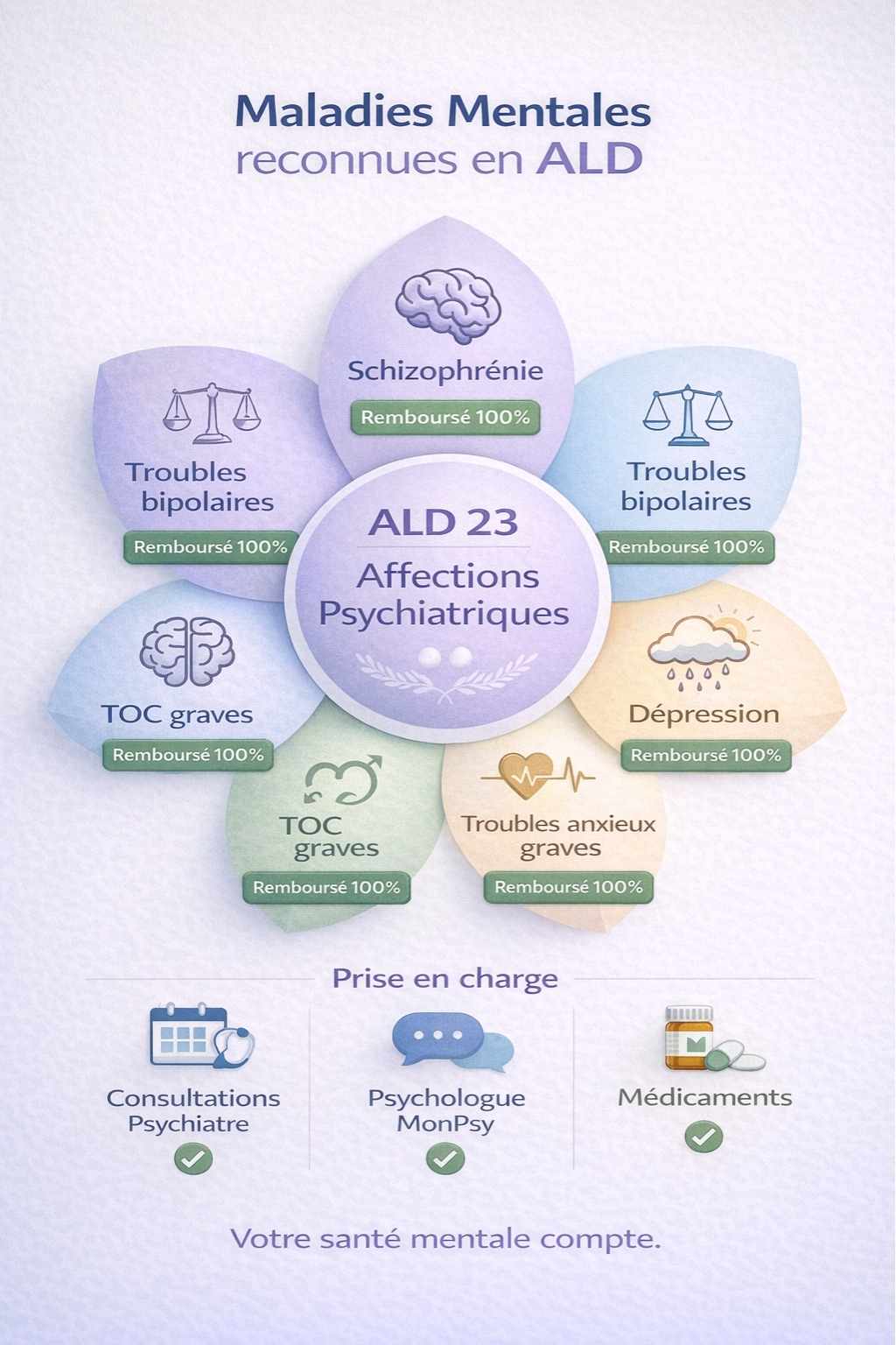 Infographie présentant les maladies mentales reconnues en ALD et leur prise en charge à 100%