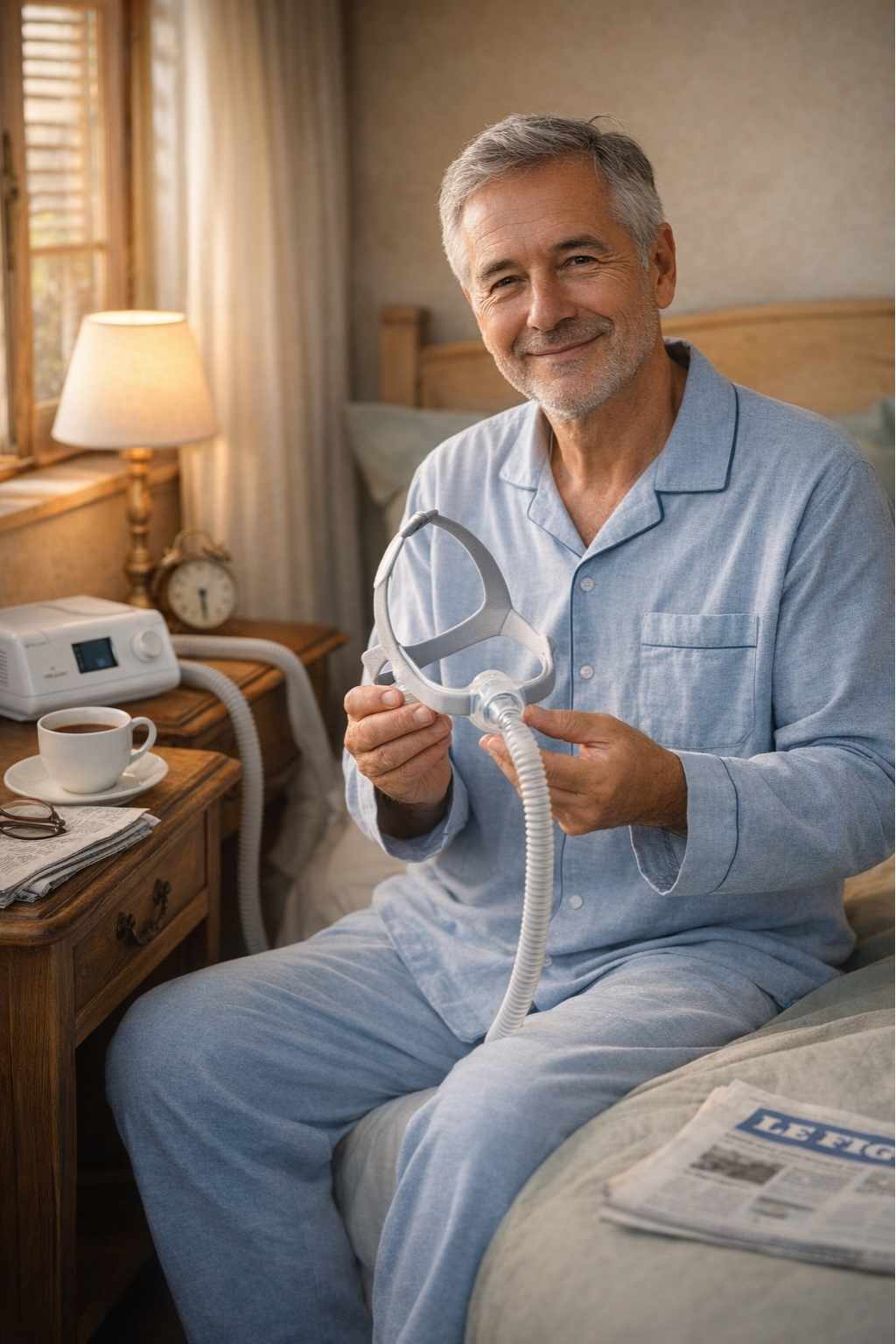 Senior français souriant et reposé tenant son masque nasal PPC moderne dans sa chambre le matin avec appareil sur table de nuit