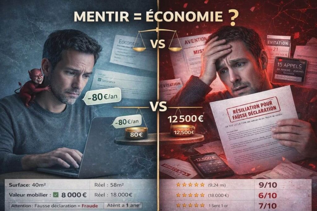 Image comparative montrant tentation de mentir sur devis assurance versus conséquences dramatiques résiliation et pertes financières