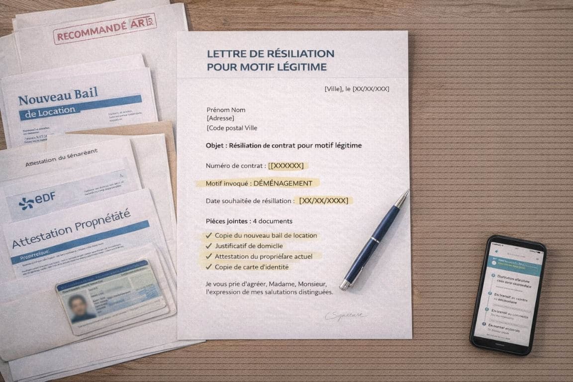 Vue de dessus d'une lettre de résiliation d'assurance avec sections importantes surlignées en jaune, entourée de justificatifs officiels et stylo