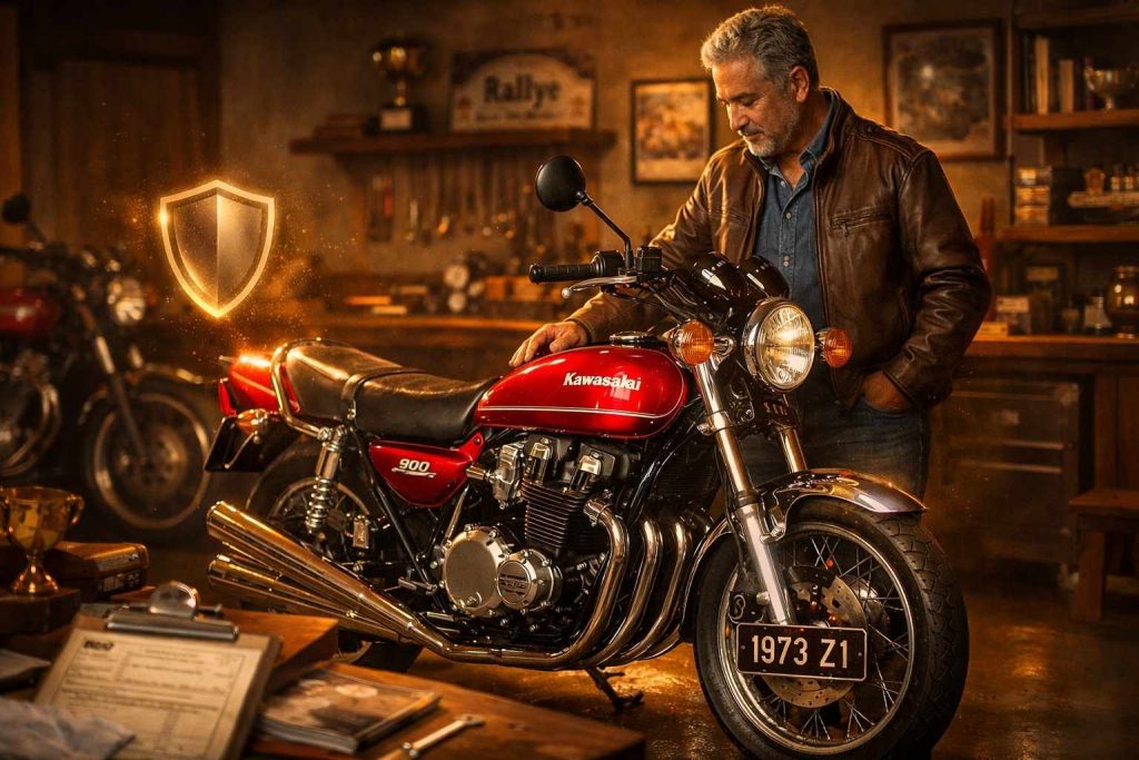 Moto de collection vintage des années 70 parfaitement restaurée (Kawasaki Z1 ou Honda CB750) dans garage privé avec éclairage chaleureux, collectionneur passionné de 50 ans debout fièrement à côté, chromes brillants et peinture impeccable, ambiance de trésor automobile nécessitant assurance moto collection spécialisée avec valeur agréée.