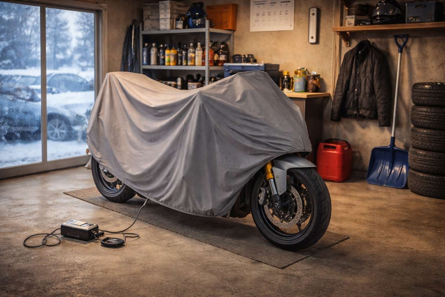 Moto moderne sportive ou roadster sous housse de protection grise ajustée dans garage résidentiel propre avec batterie débranchée, bidon carburant plein et équipement hivernal visible en arrière-plan, éclairage garage chaud contrastant avec lumière fenêtre froide hivernale, illustrant stockage moto hivernage de novembre à mars.