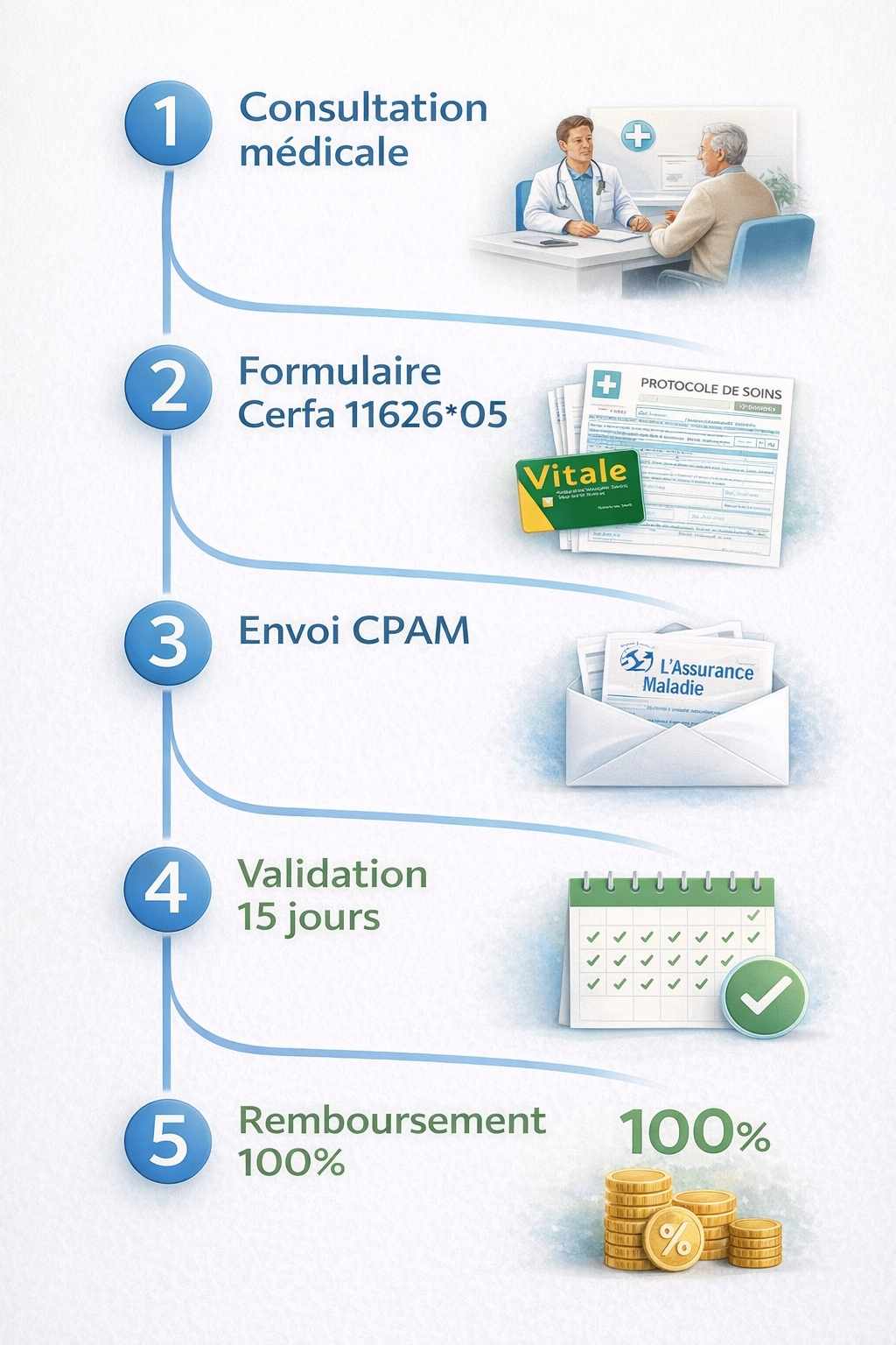 Infographie détaillant les 5 étapes du parcours administratif pour obtenir l'ALD en France