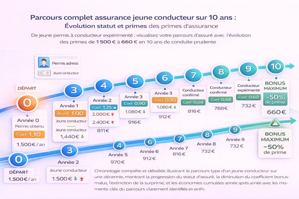 Timeline horizontale détaillée montrant l'évolution complète de l'assurance auto d'un jeune conducteur sur 10 ans avec statuts, coefficients bonus-malus, primes et jalons clés