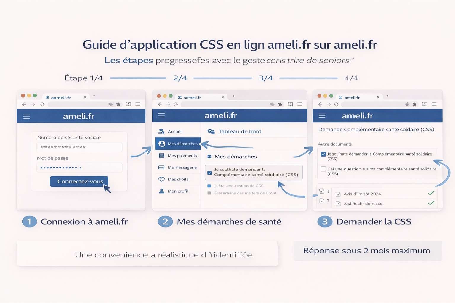 Guide visuel étape par étape du processus de demande de la Complémentaire Santé Solidaire CSS sur le site ameli.fr avec annotations explicatives