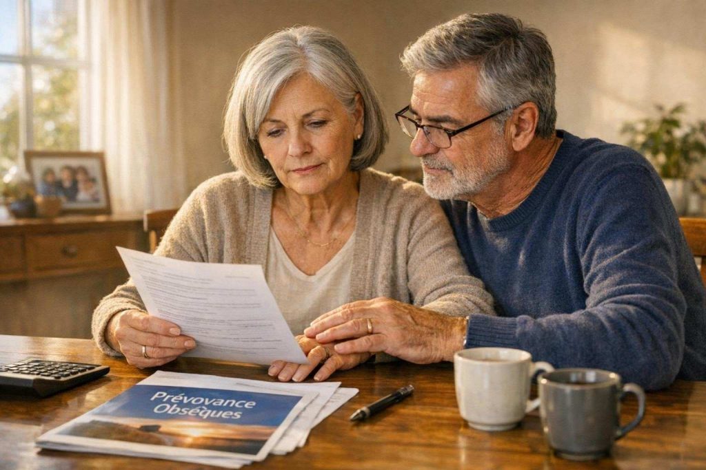 Couple de seniors discutant calmement de prévoyance obsèques à leur table, documents d'assurance ouverts, ambiance chaleureuse et rassurante