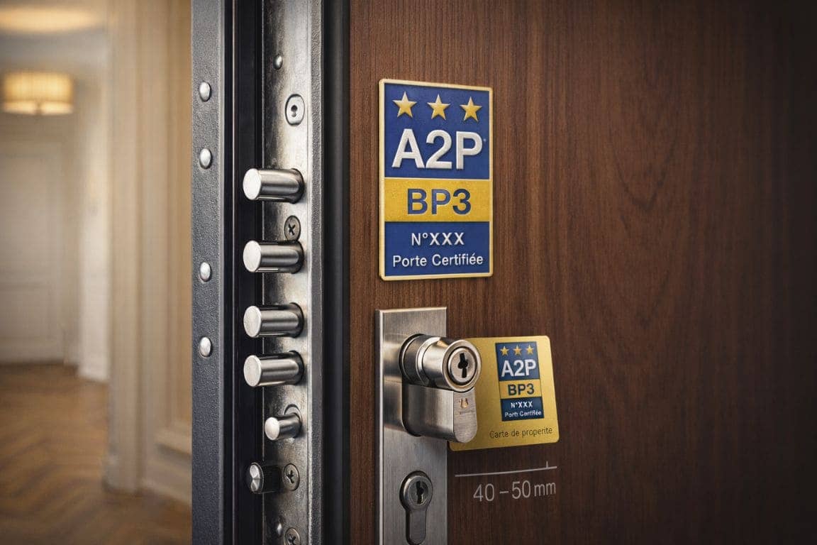 Détail d'une porte blindée certifiée A2P avec serrure multipoint et label de certification visible