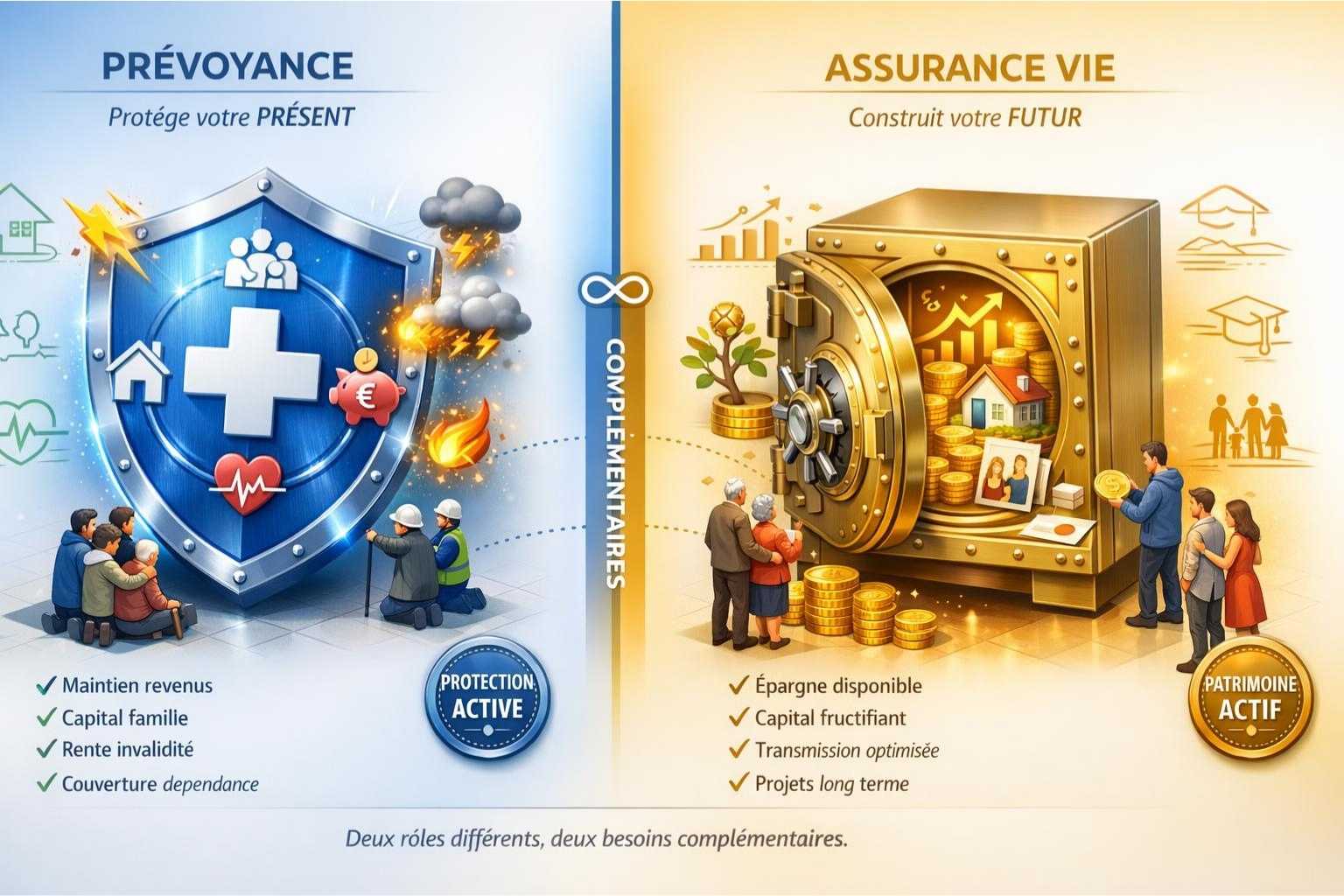 Illustration 3D isométrique comparant prévoyance comme bouclier protecteur bleu (protège présent) et assurance vie comme coffre-fort doré (construit futur)