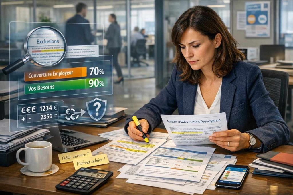 Infographie montrant répartition cotisations prévoyance collective entre employeur minimum 50% et salarié maximum 50% plus détail couvertures arrêt travail invalidité décès