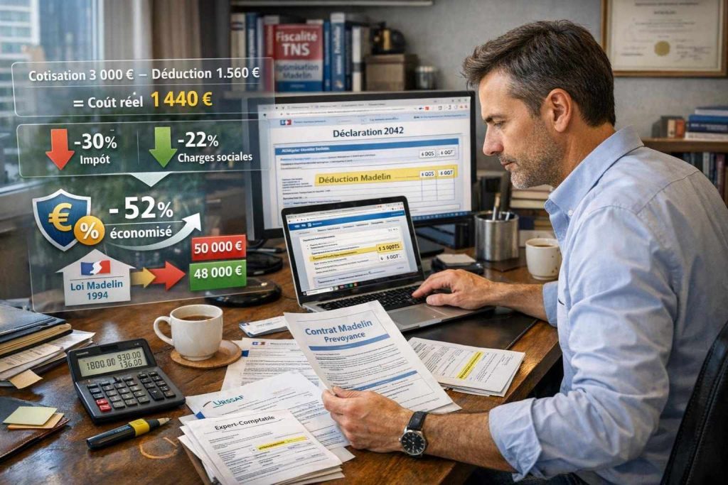 Travailleur non salarié TNS planifiant optimisation fiscale prévoyance Madelin avec documents impôts calculatrice montrant déduction 52 pourcent économie
