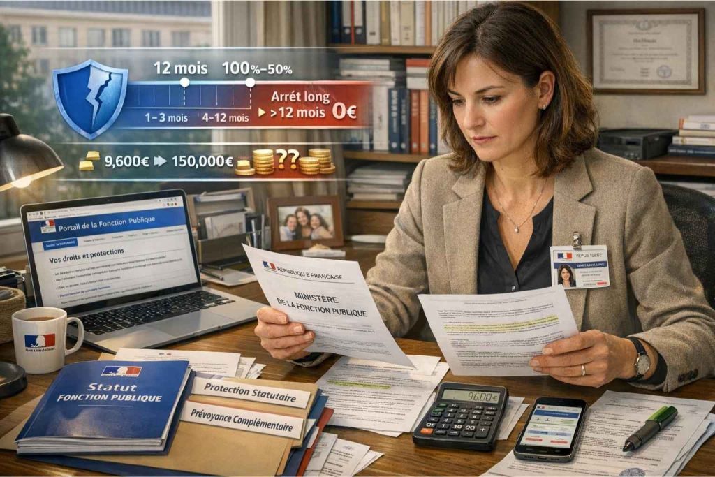 Fonctionnaire analysant documents protection statutaire avec gaps couverture montrant maintien 12 mois puis 0 euros capital décès 9600 euros insuffisant besoin prévoyance complémentaire