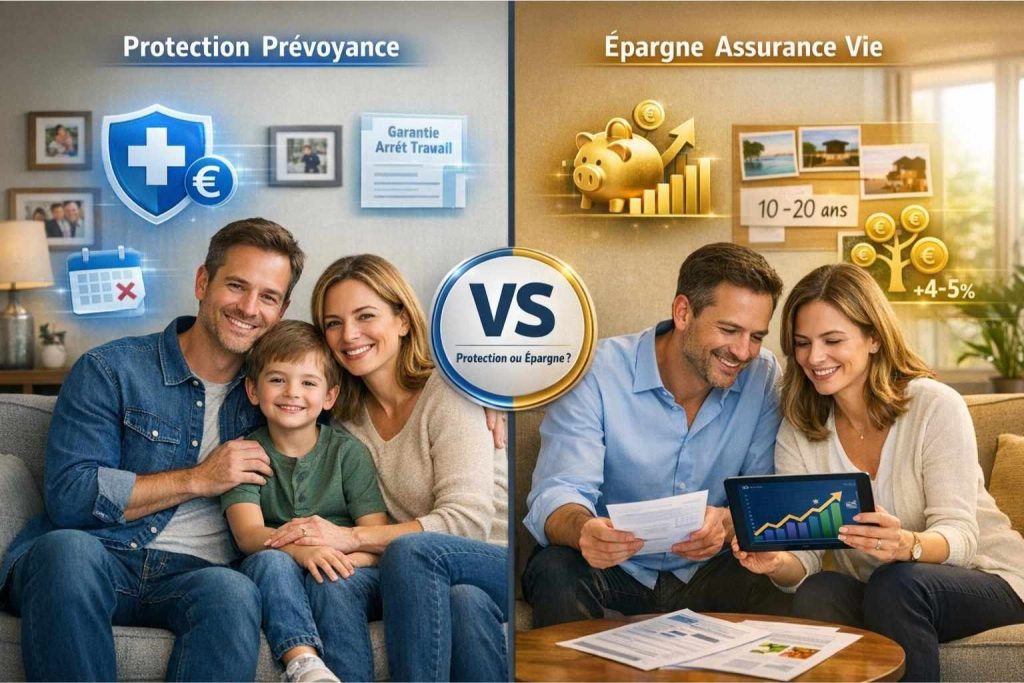 Image split-screen comparant prévoyance protection famille (bouclier bleu) et assurance vie épargne patrimoine (tirelire or) dans même salon